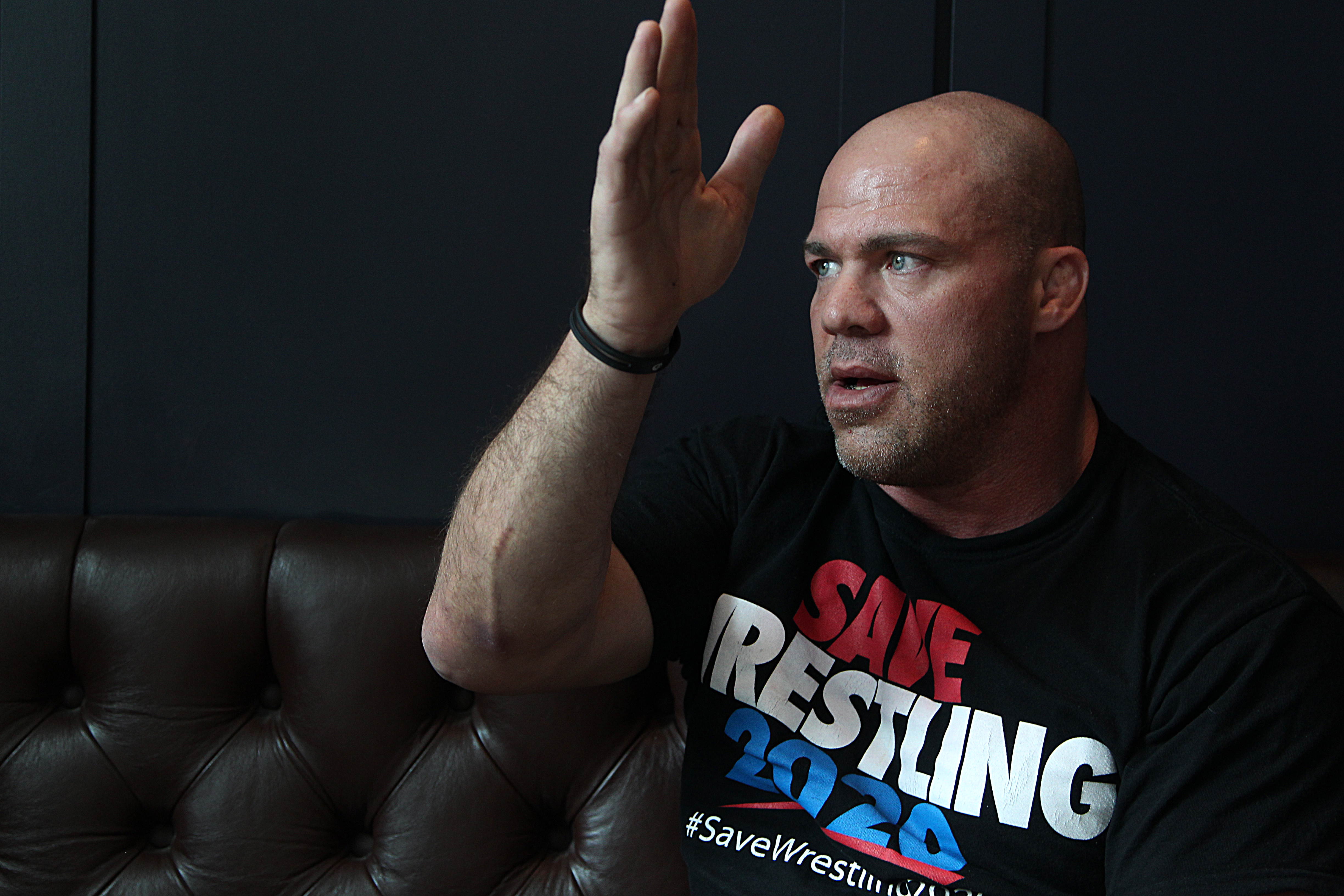 BOSTON - MARCH 27: Wrestler Kurt Angle, an Olympic Gold Medal winner, is the official spokesperson to spearhead TNA's Save Olympic Wrestling campaign petitioning to reinstate wrestling as an Olympic sport for the 2020 games. He was photographed in the lobby of the Sherton Hotel. (Photo by Suzanne Kreiter/The Boston Globe via Getty Images)