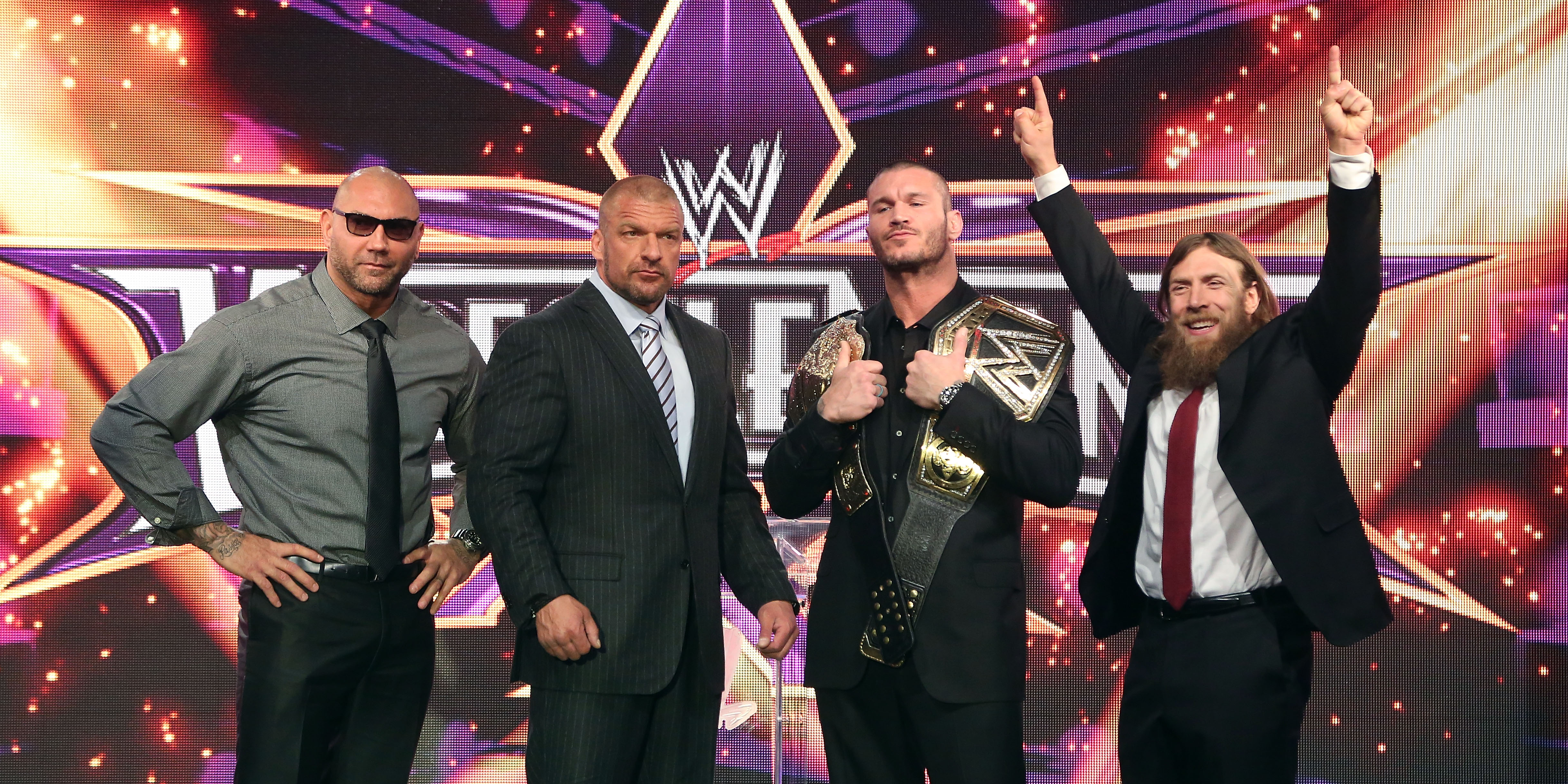 NEW YORK, NY - APRIL 01: Dave Batista, Triple H, Randy Orton, and Daniel Bryan attend the WrestleMania 30 press conference at the Hard Rock Cafe New York on April 1, 2014 in New York City. (Photo by Taylor Hill/WireImage)