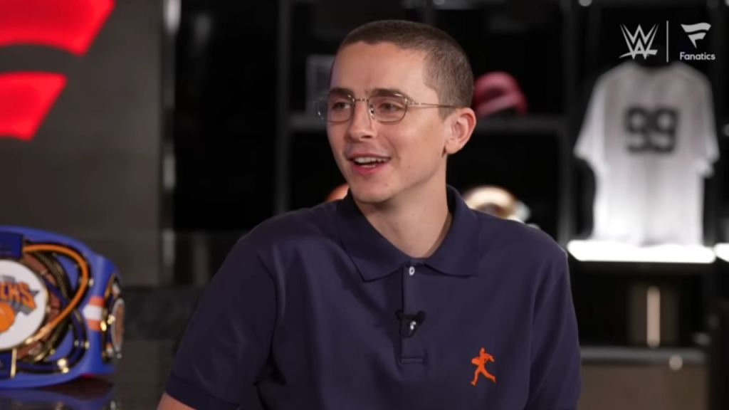 Timothée Chalamet at the podcast What Do You Wanna Talk About? With Cody Rhodes
