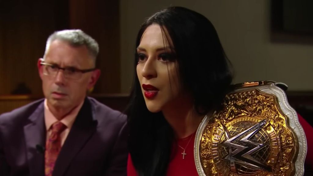 Stephanie Vaquer and Michael Cole during a backstage segment on WWE RAW